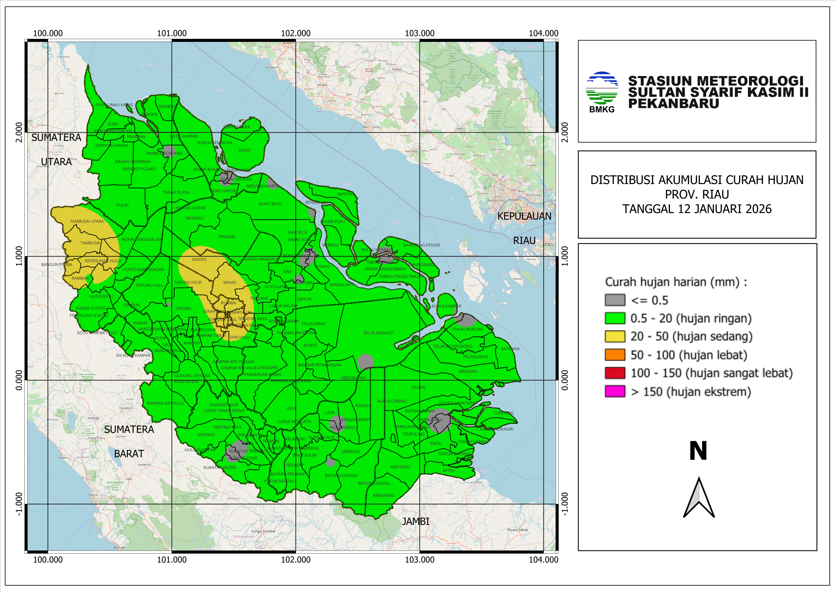 Peta Curah Hujan untuk tanggal 12 Jan 2026