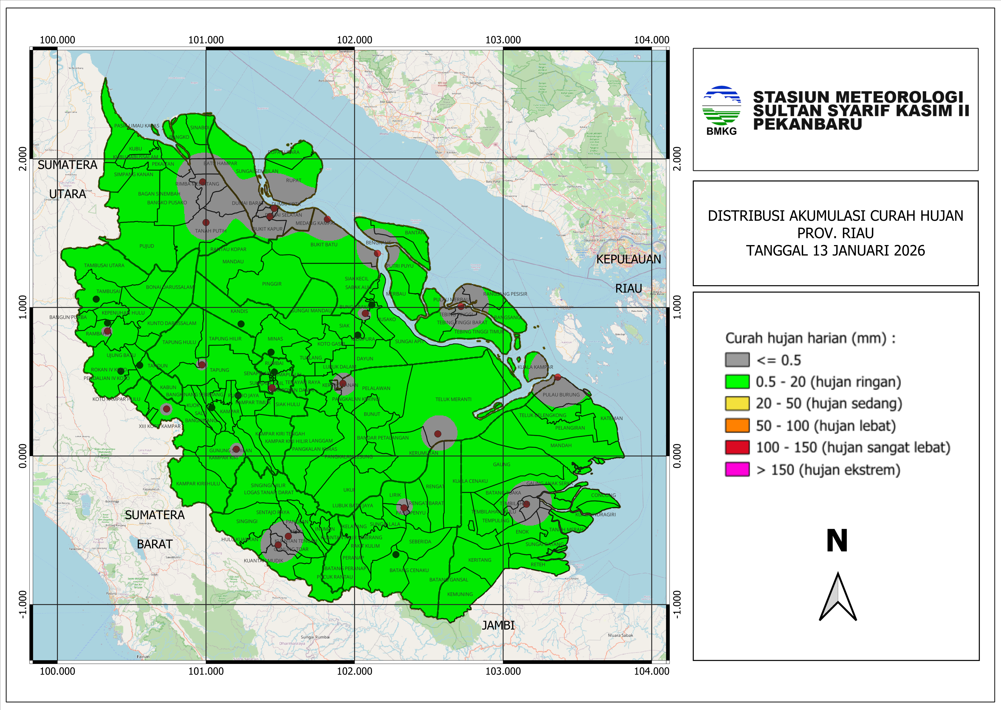 Peta Curah Hujan untuk tanggal 13 Jan 2026